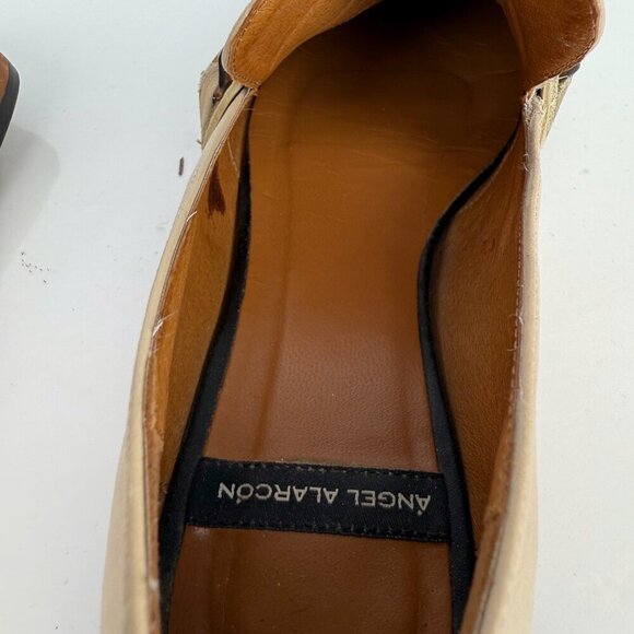 ANGEL ALARCON Preppy School Flat Slip-On Tortoise Chain Beige Cream Loafers 37 - Picture 13 of 16